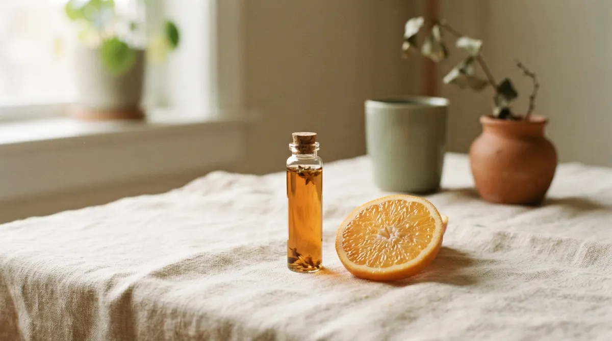 A clear glass vial and a fresh slice of orange citrus on cream linen in warm morning light.