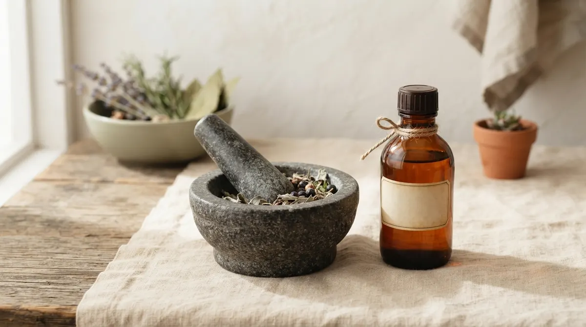A stone mortar and pestle beside an amber apothecary bottle on cream linen.