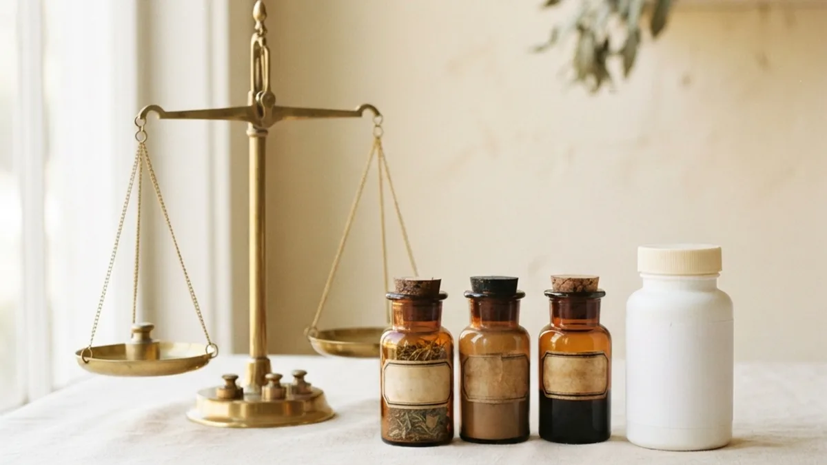 A pharmacist's balance, amber vials, and a labeled bottle on a clean compounding-lab surface, warm cream tones.