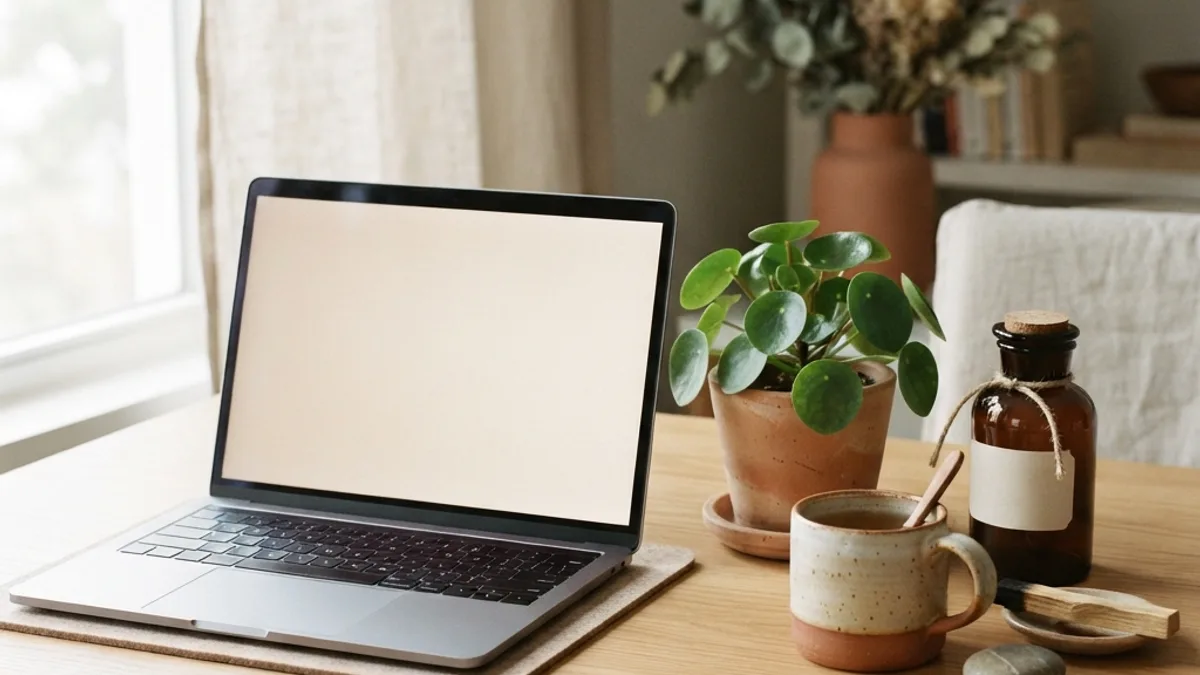 An open laptop with a blank screen beside a small plant, a mug, and an amber apothecary bottle on a warm cream desk.