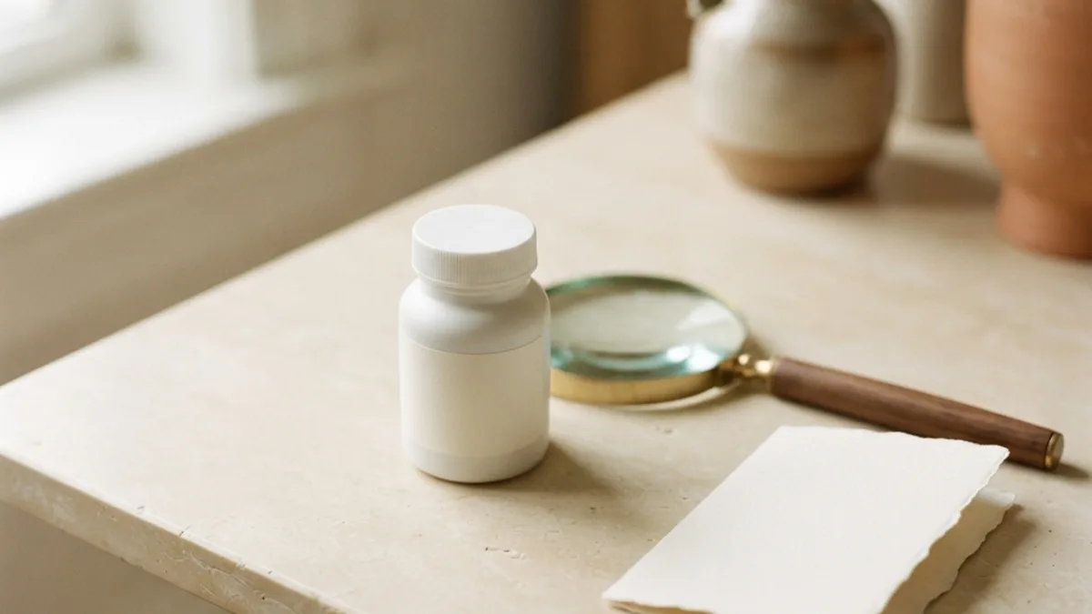 A white medication bottle beside a round magnifying glass and a folded card on a warm cream surface.
