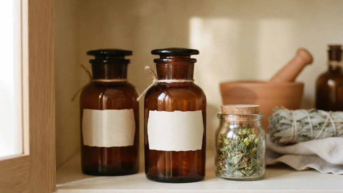 Two amber apothecary bottles on a cool pale shelf inside a simple open cabinet, warm cream tones.