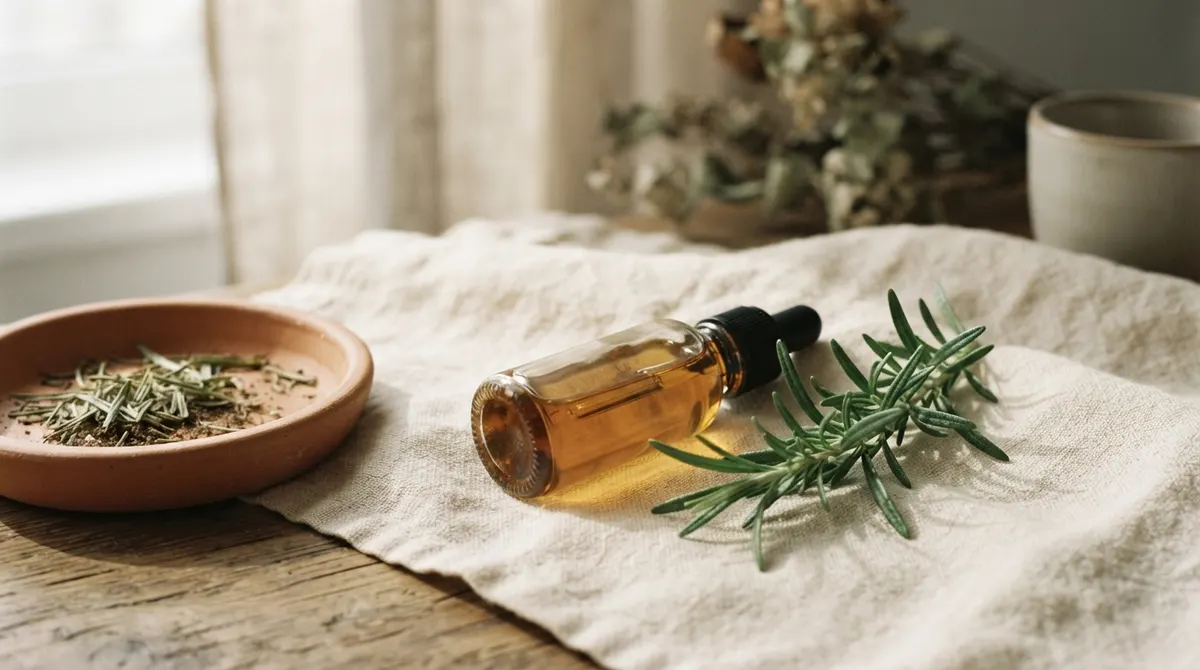 A clear glass vial and a small sprig of fresh green rosemary on cream linen in warm morning light.