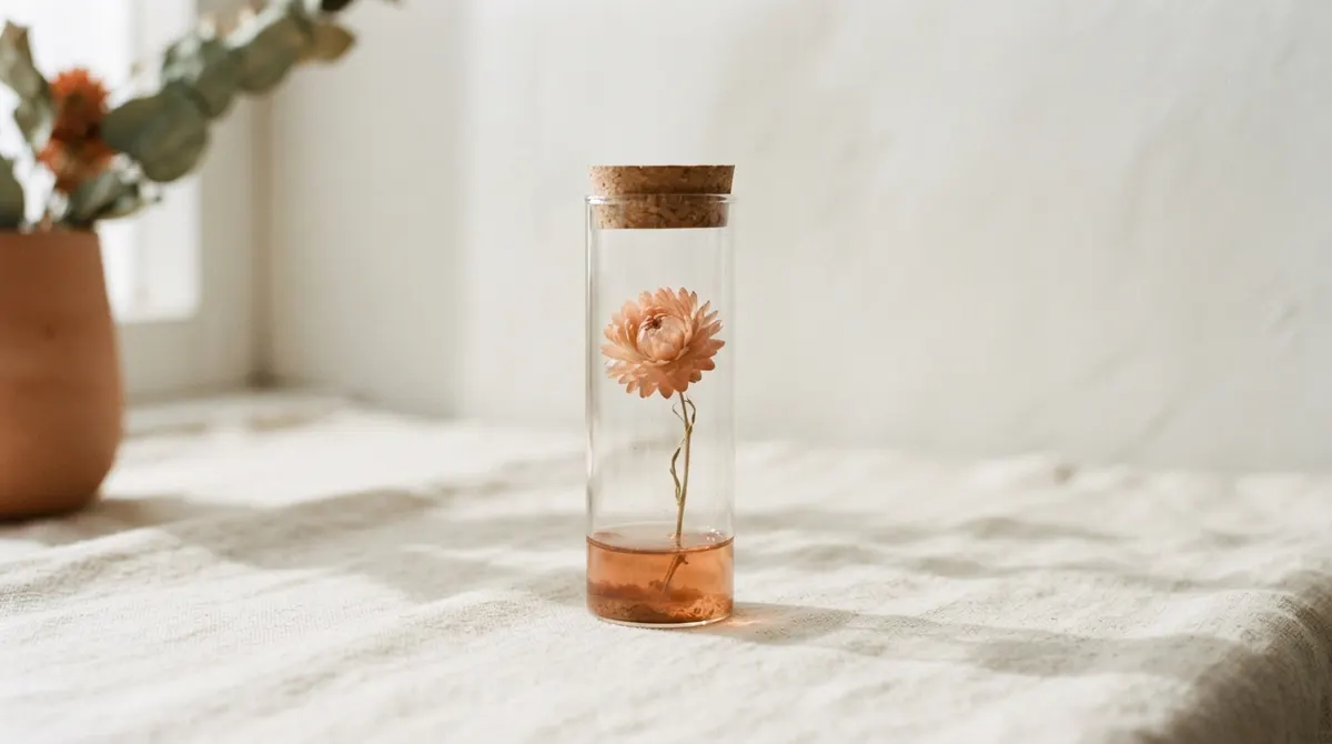 A clear glass vial and a single soft warm-toned dried flower on cream linen in soft morning light.
