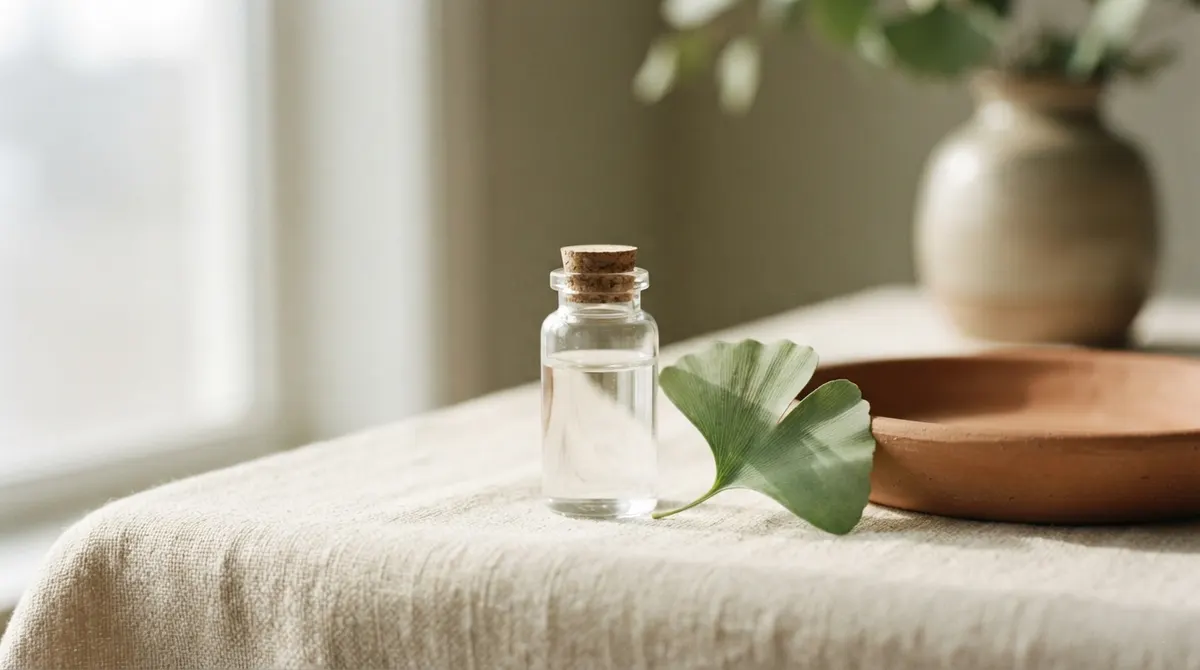 A clear glass vial and a single fresh ginkgo leaf on cream linen in soft morning light.