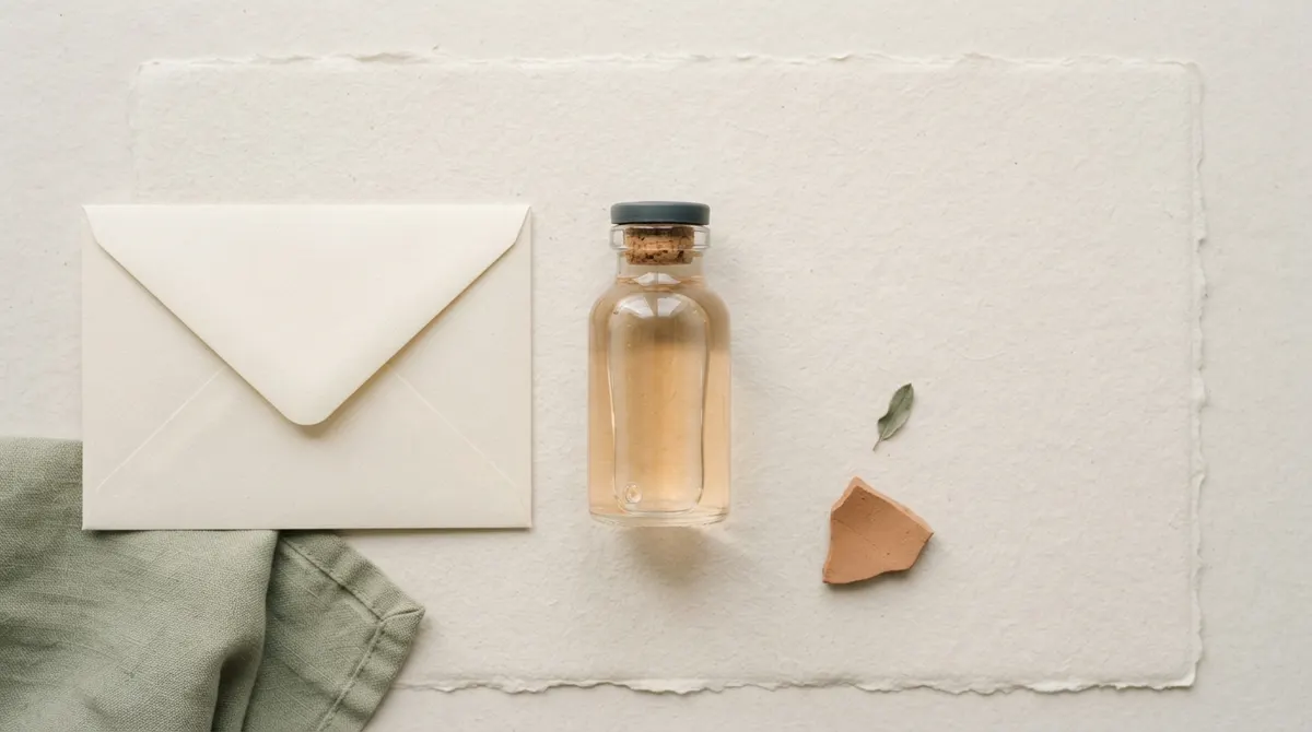 A clear glass vial and a plain sealed cream envelope on off-white paper.