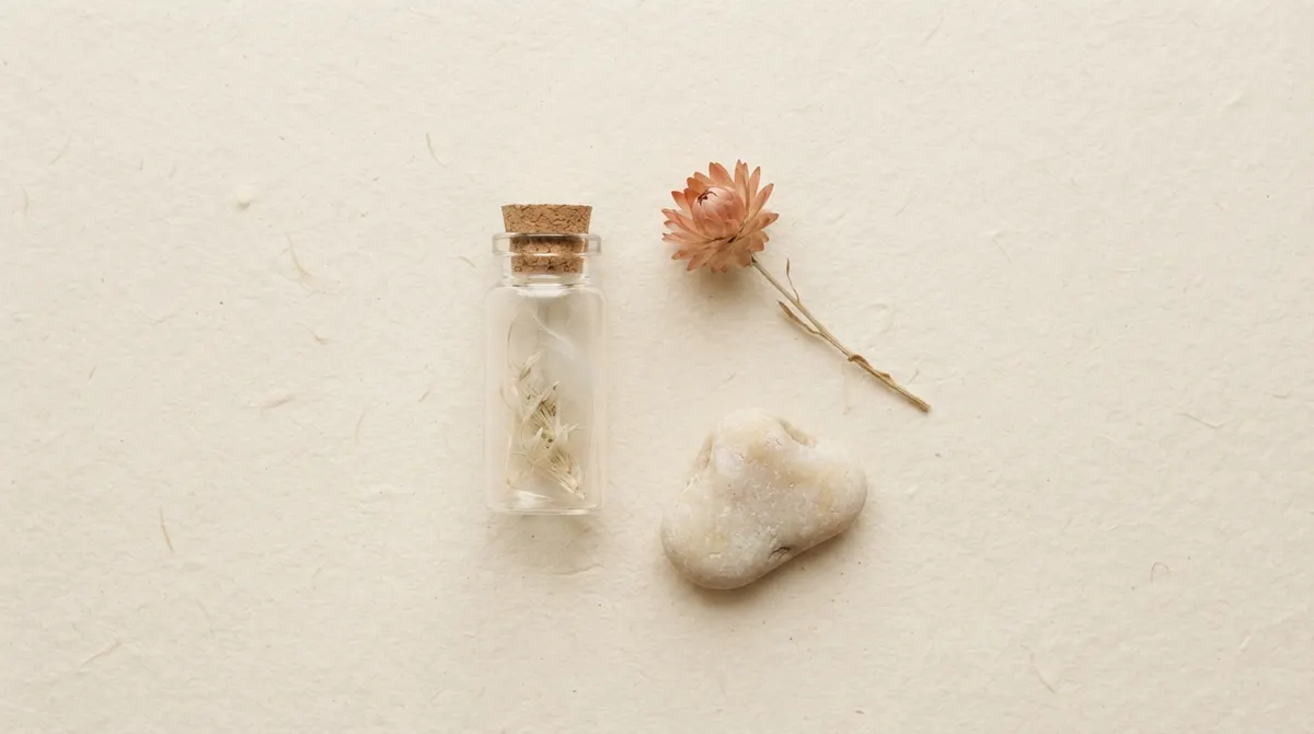A clear glass vial, a soft warm-toned dried flower, and a smooth pale stone on off-white paper.