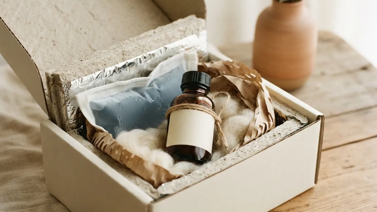 An open insulated shipping box lined with a gel ice pack and a small amber vial nestled in padding, warm cream tones.